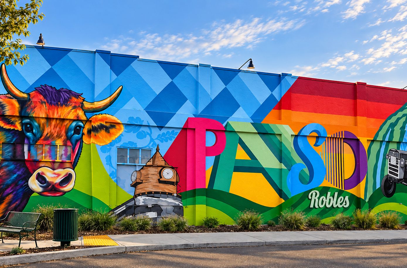 A colorful mural of Paso Robles in downtown, featuring a painted cow and lettering